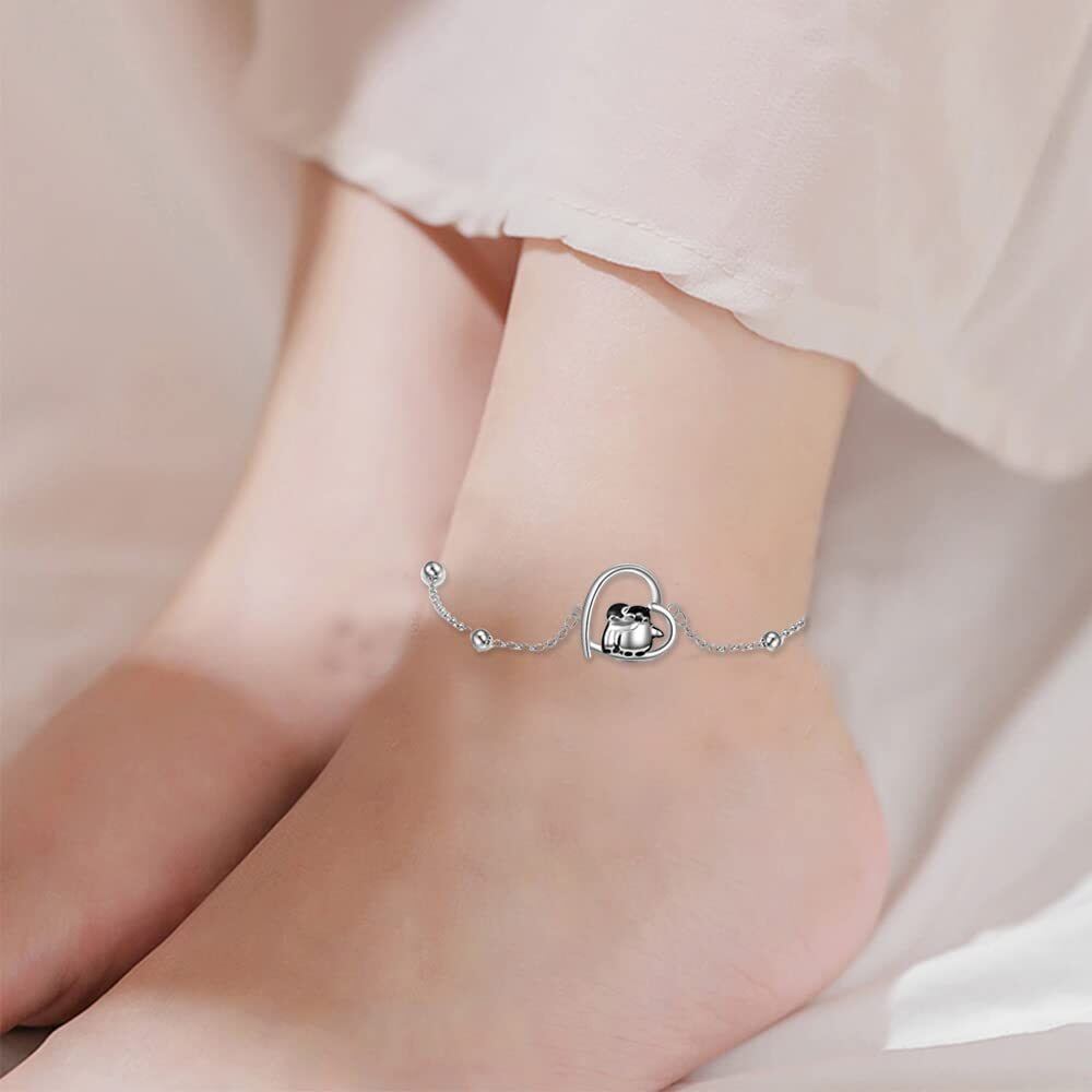 Sterling Silver Penguin & Heart Single Layer Anklet-2