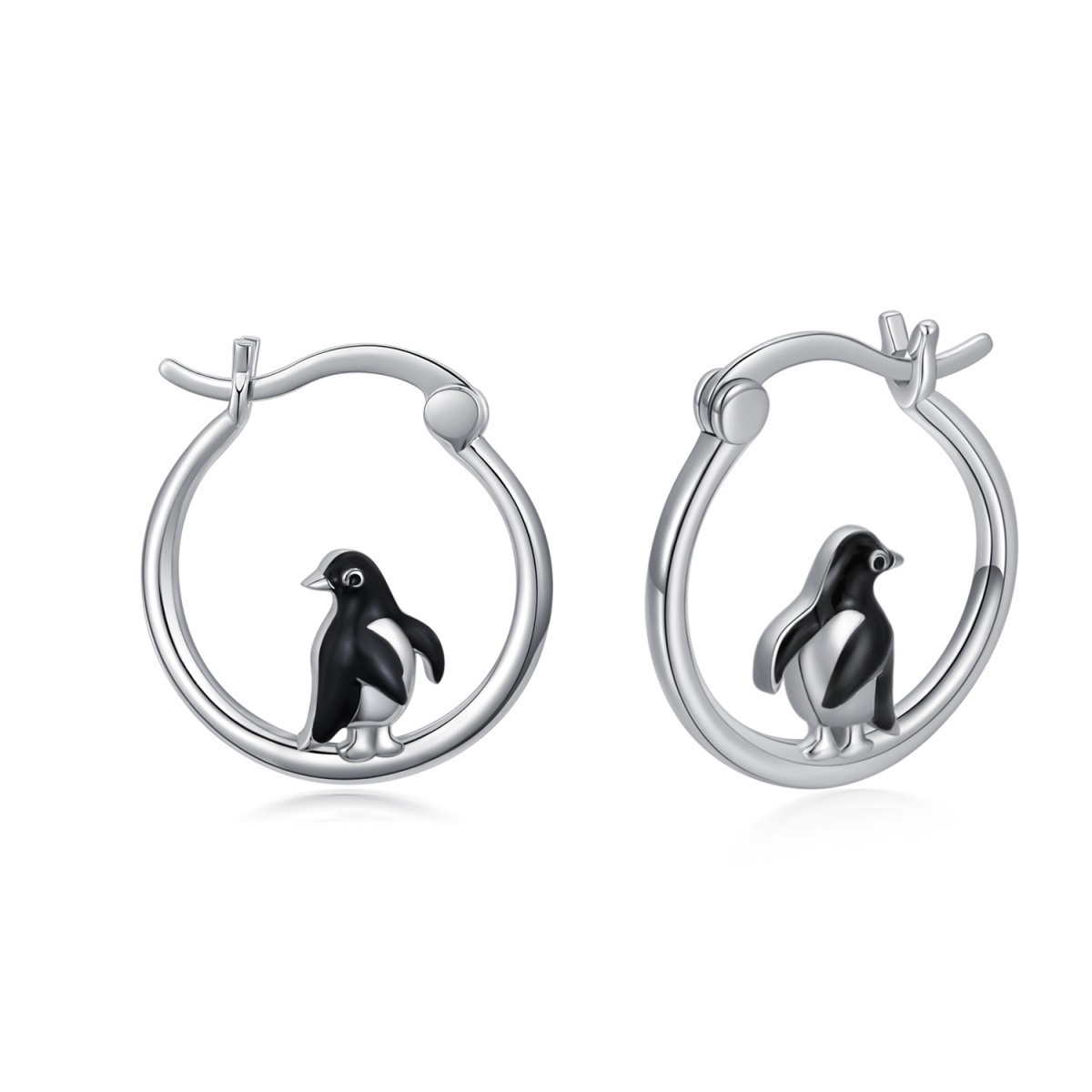 Sterling Silver Penguin Hoop Earrings-1