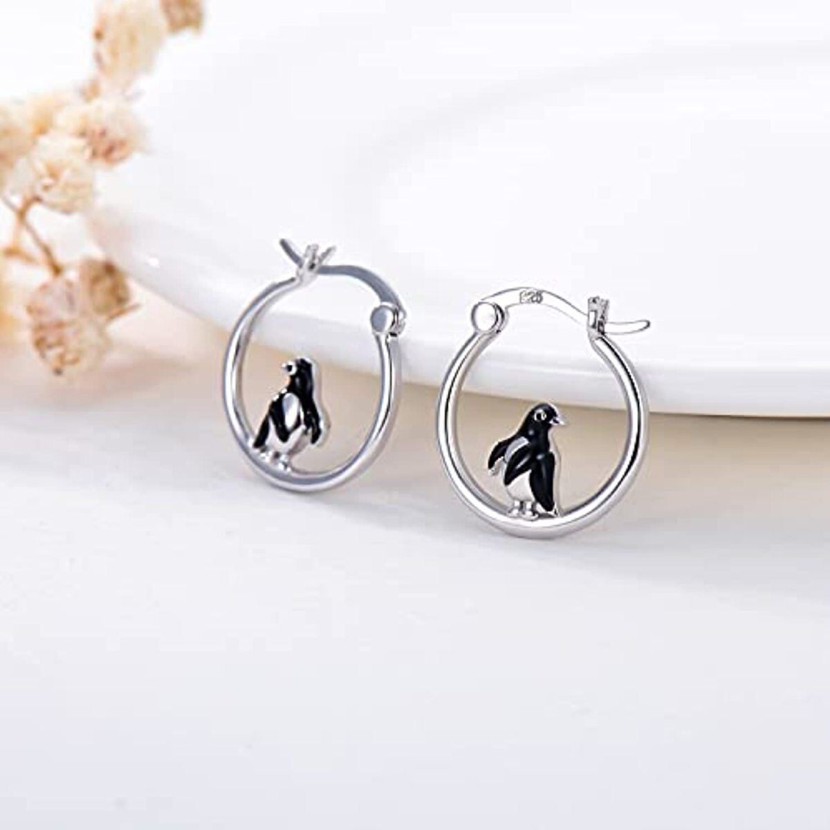 Sterling Silver Penguin Hoop Earrings-3