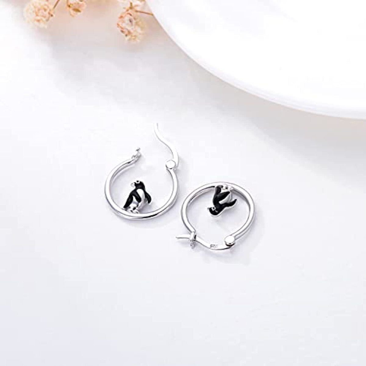 Sterling Silver Penguin Hoop Earrings-4