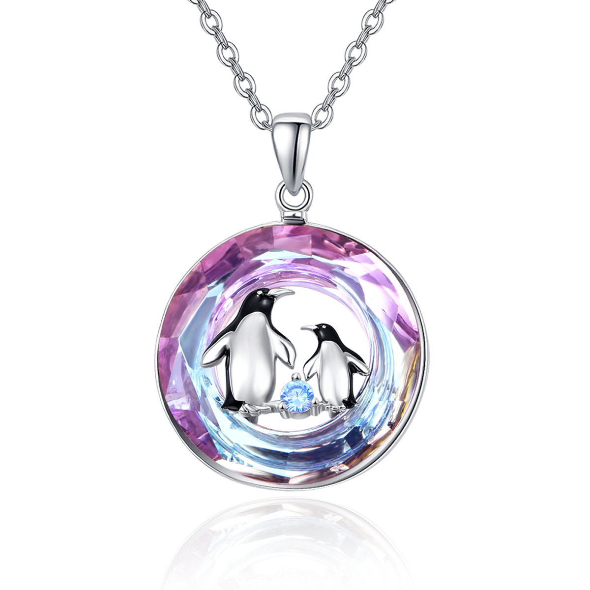 Collar de plata de ley con colgante de mamá y niño pingüino de cristal morado-1