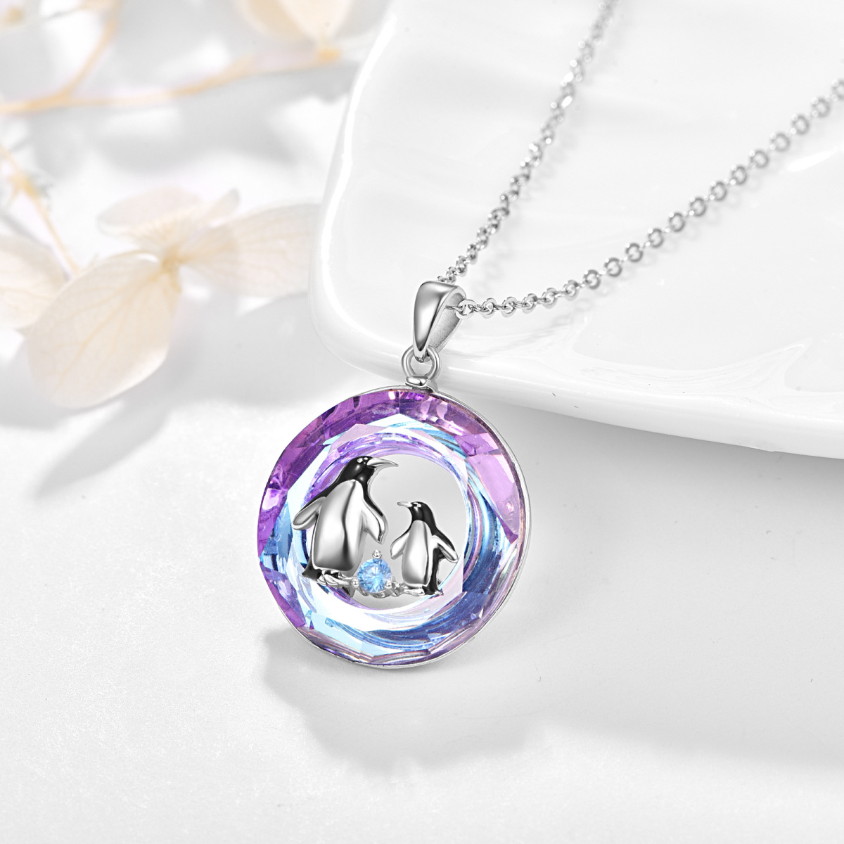 Collier en argent sterling avec pendentif maman et enfant en pingouin et cristal mauve-4