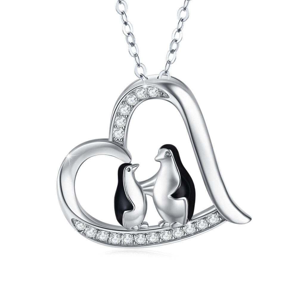 Collana con ciondolo a forma di cuore di pinguino in argento sterling con zirconi cubici-1
