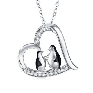 Sterling Silver Cubic Zirconia Penguin & Heart Pendant Necklace-41