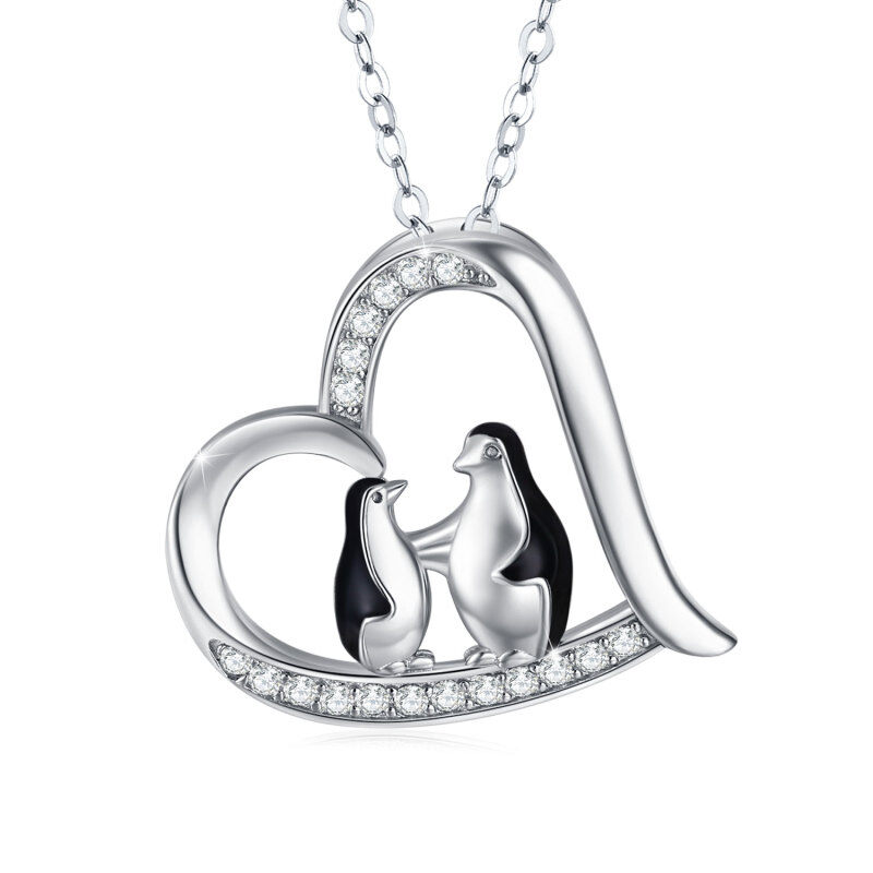 Collana con ciondolo a forma di cuore di pinguino in argento sterling con zirconi cubici-12