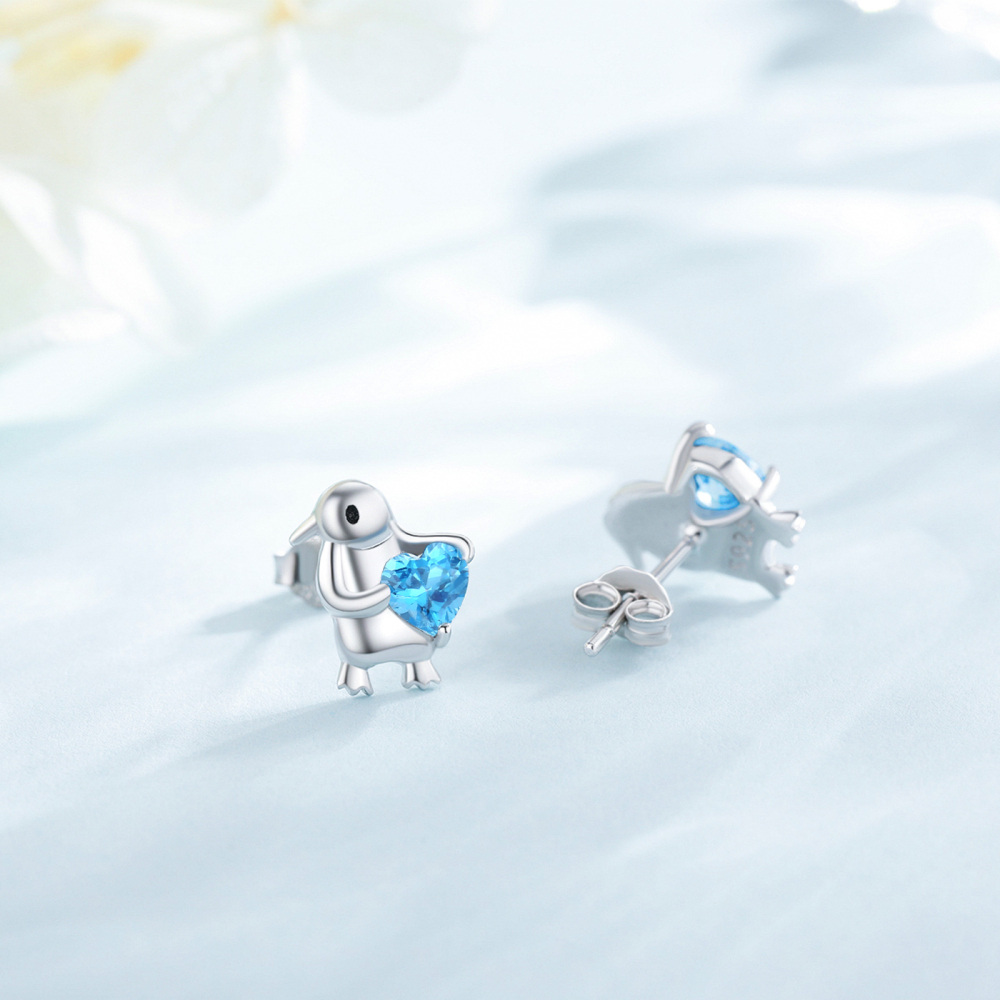 Sterling Silver Cubic Zirconia Penguin Stud Earrings-4