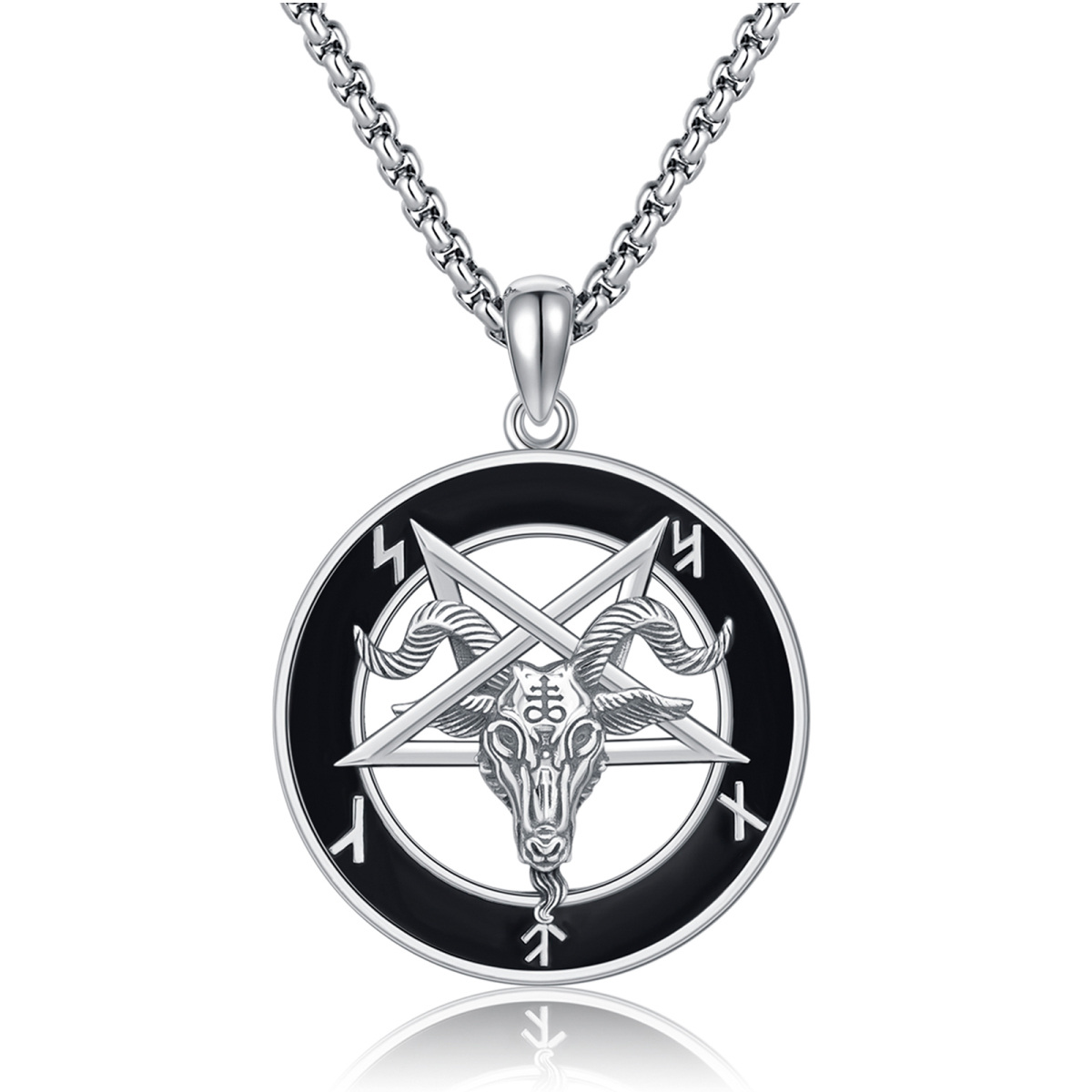 Collar de Plata de Ley con Pentagrama y Colgante de Cabra Satánica para Hombre-1