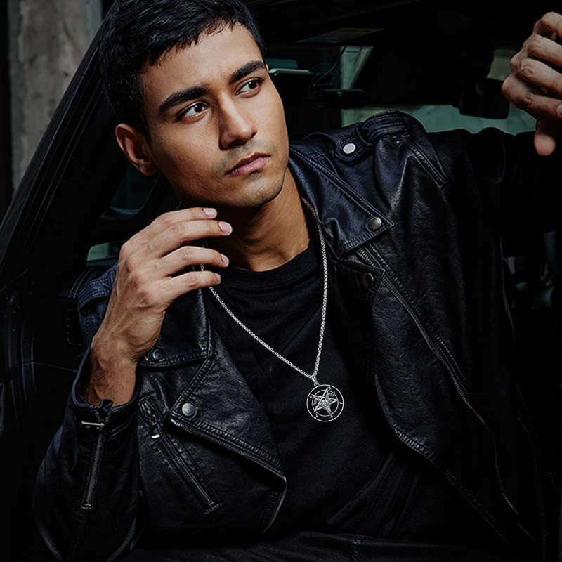 Sterling Silver Pentagram & Satanic Goat Pendant Necklace for Men-2