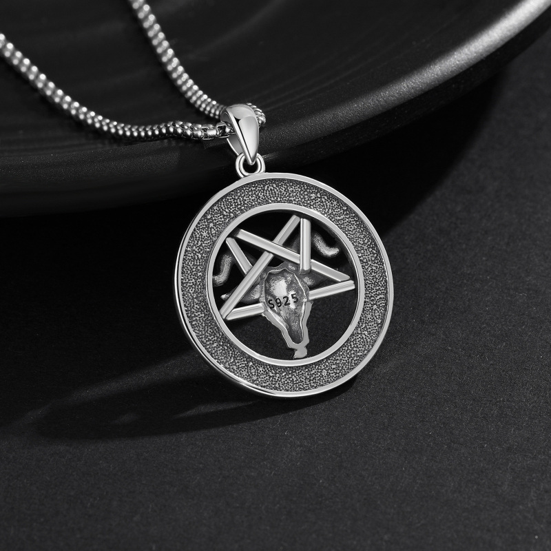 Sterling Silver Pentagram & Satanic Goat Pendant Necklace for Men-3
