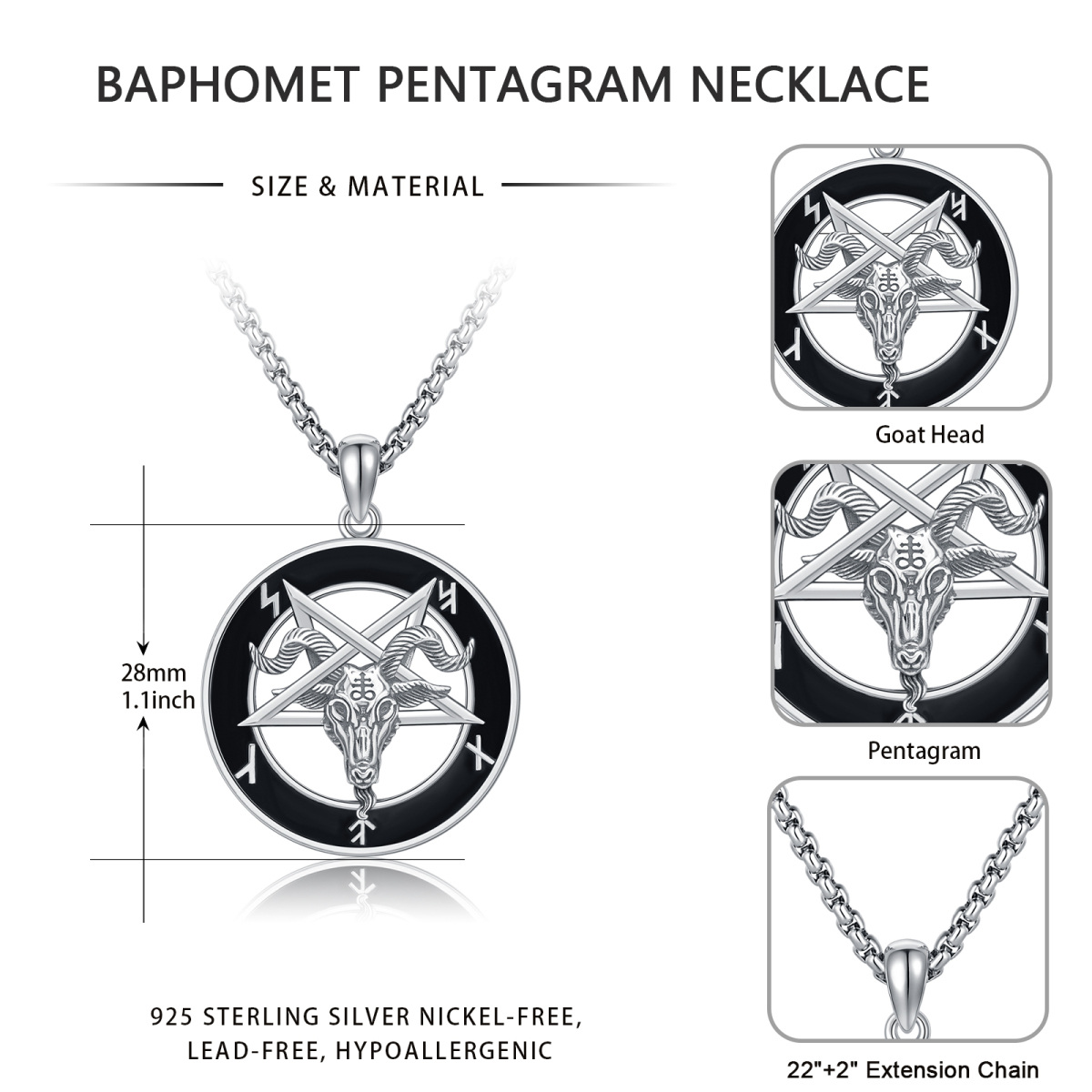 Collar de Plata de Ley con Pentagrama y Colgante de Cabra Satánica para Hombre-4