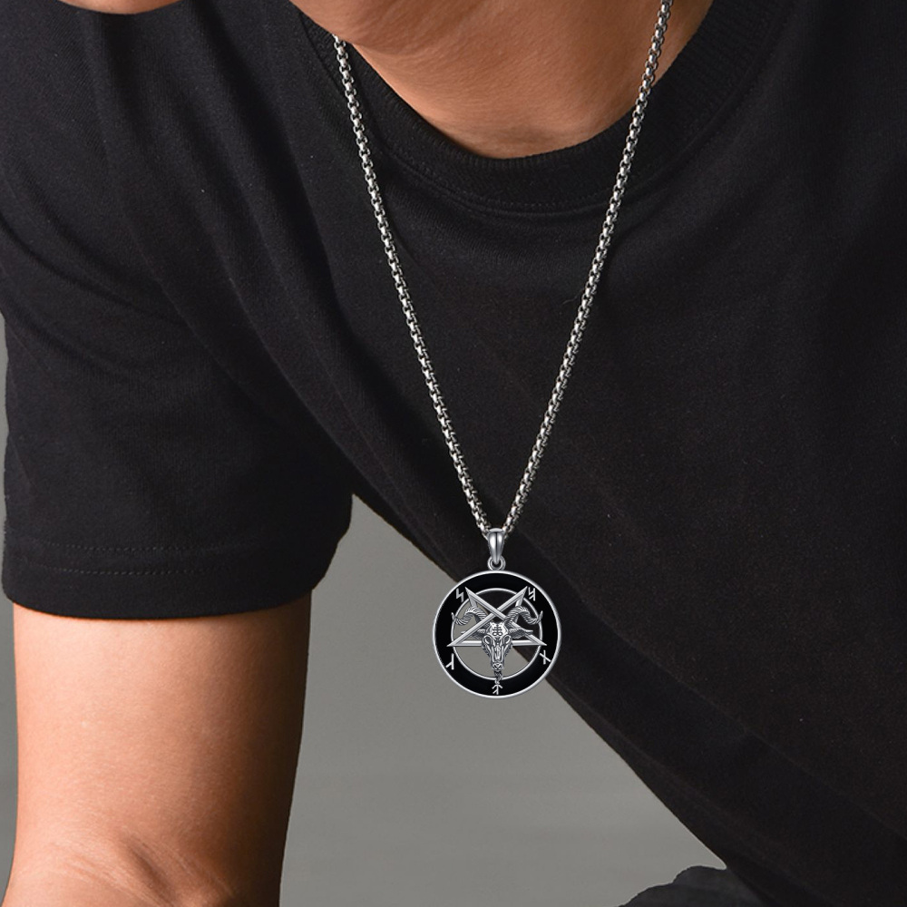 Sterling Silver Pentagram & Satanic Goat Pendant Necklace for Men-5