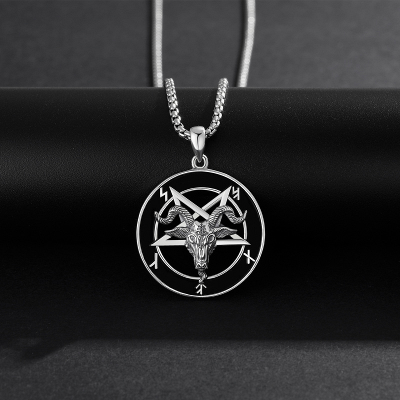 Sterling Silver Pentagram & Satanic Goat Pendant Necklace for Men-6