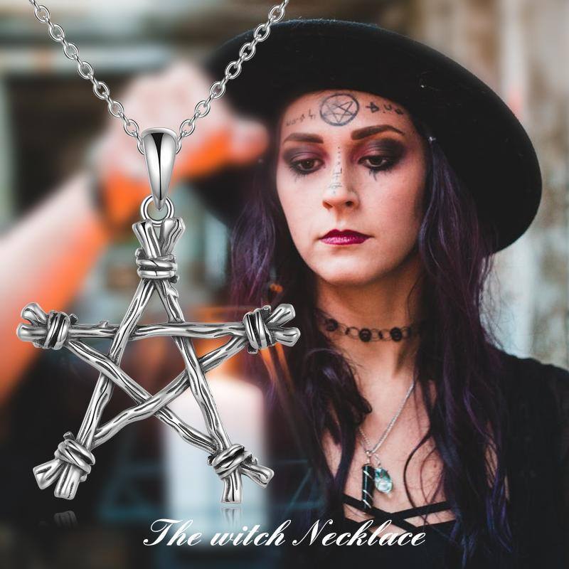 Sterling Silver Pentagram & Witch Pendant Necklace-3