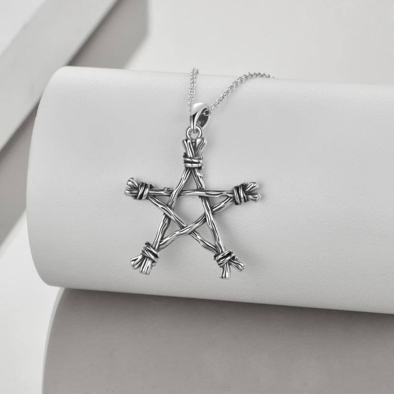 Sterling Silver Pentagram & Witch Pendant Necklace-4