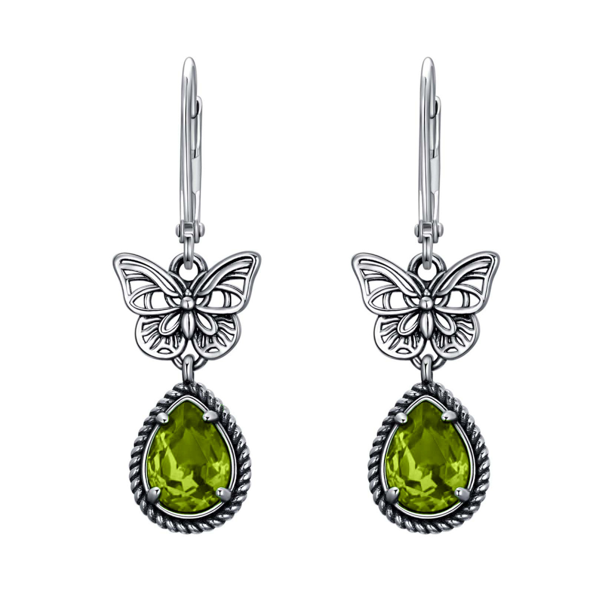 Sterling Silver Peridot Pear Crystal Butterfly Lever-back Earrings for Women-1