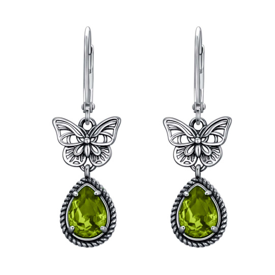 Sterling Silver Peridot Pear Crystal Butterfly Lever-back Earrings for Women