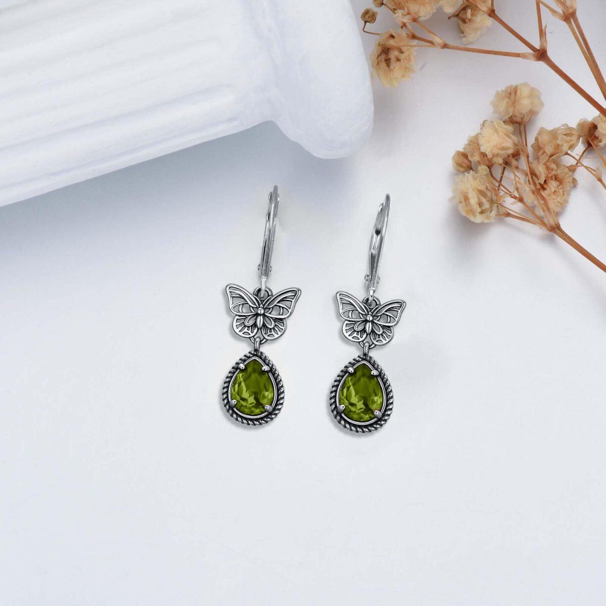 Pendientes de plata de ley con cierre de palanca en forma de mariposa y cristales de peridoto en forma de pera para mujer-3