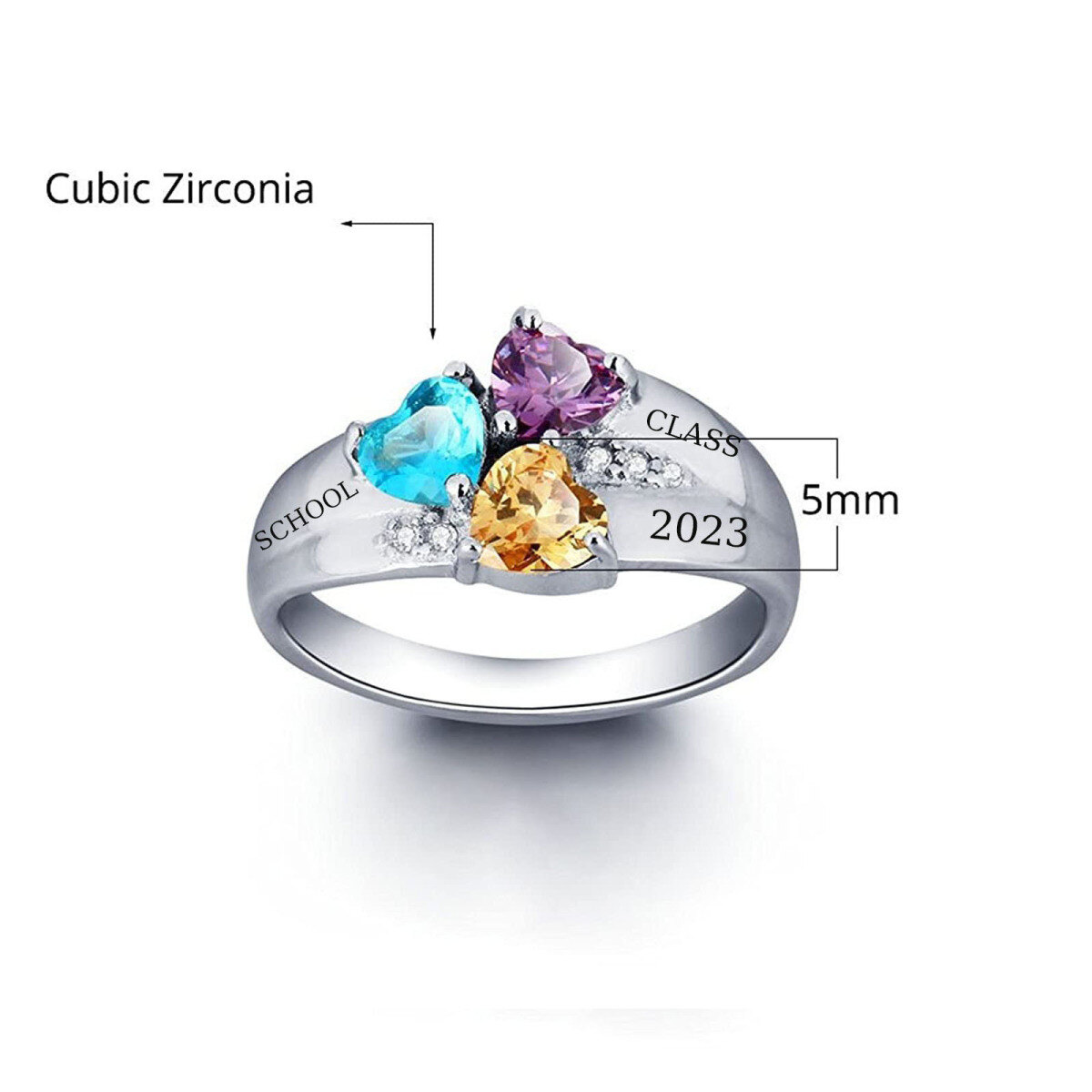 Sterling Silver Persaonzlied Heart Birthstone & Engraving Name Ring-2