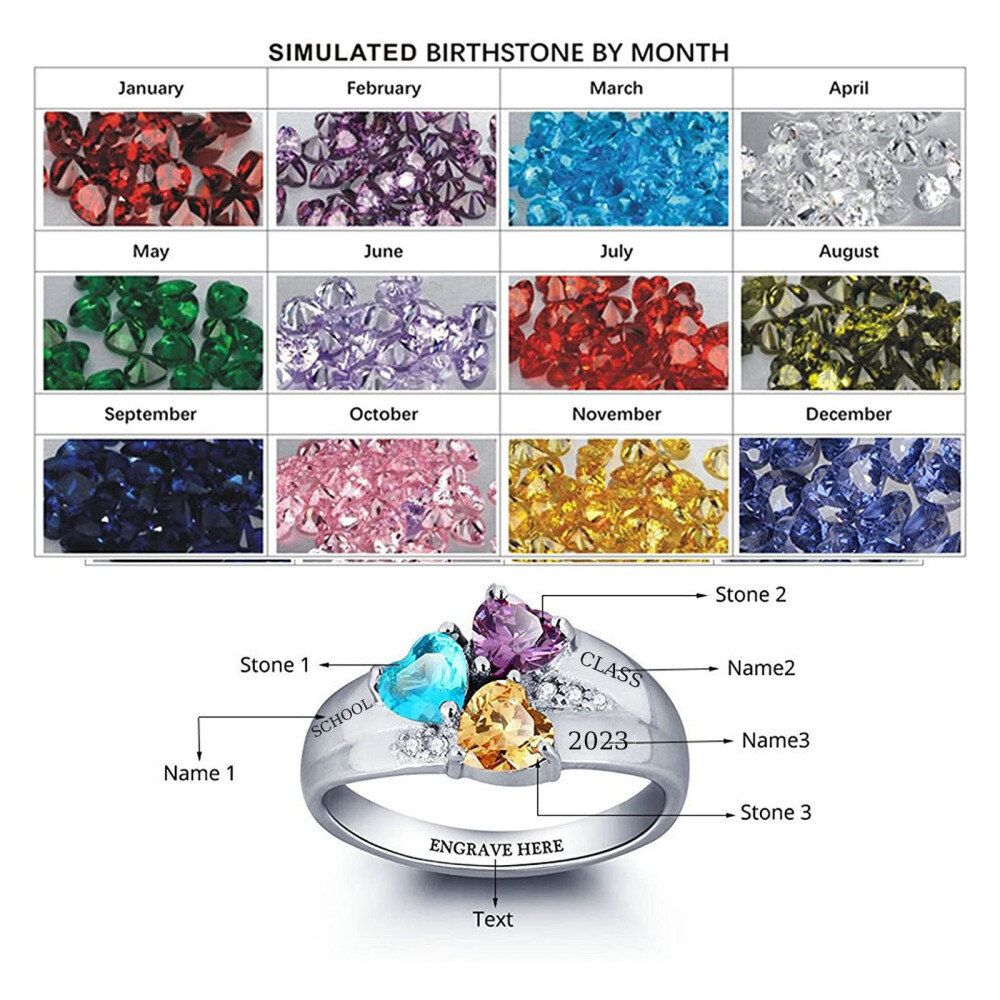 Prata esterlina Persaonzlied Heart Birthstone & Engraving Name Ring-3