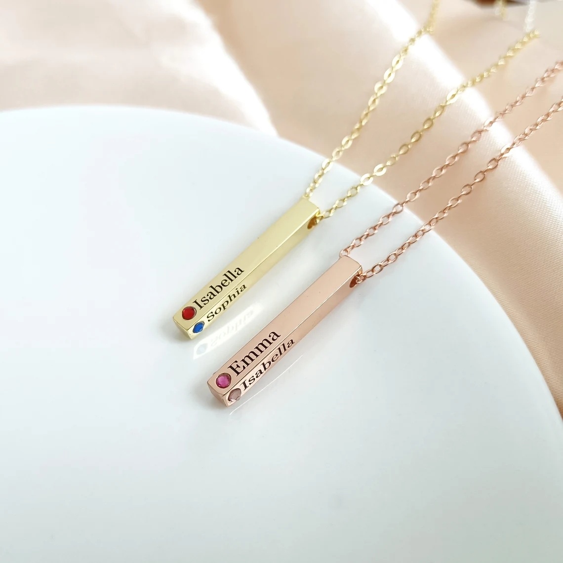 Sterling Silver With Gold Plated Bar Personalized Birthstone Name Pendant Necklace For Women-2