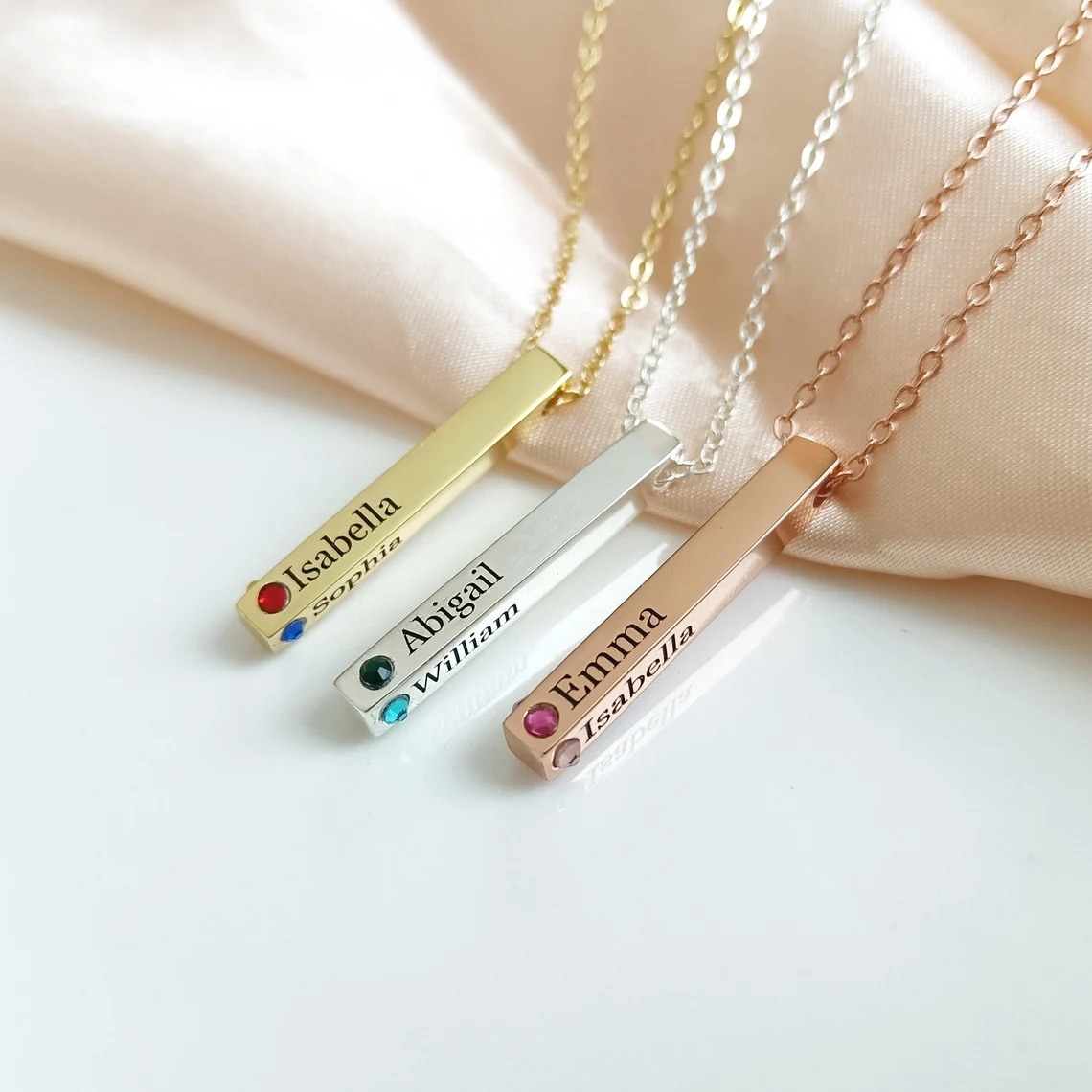 Sterling Silver Personalized Birthstone & Personalized Classic Name & Bar Pendant Necklace-4