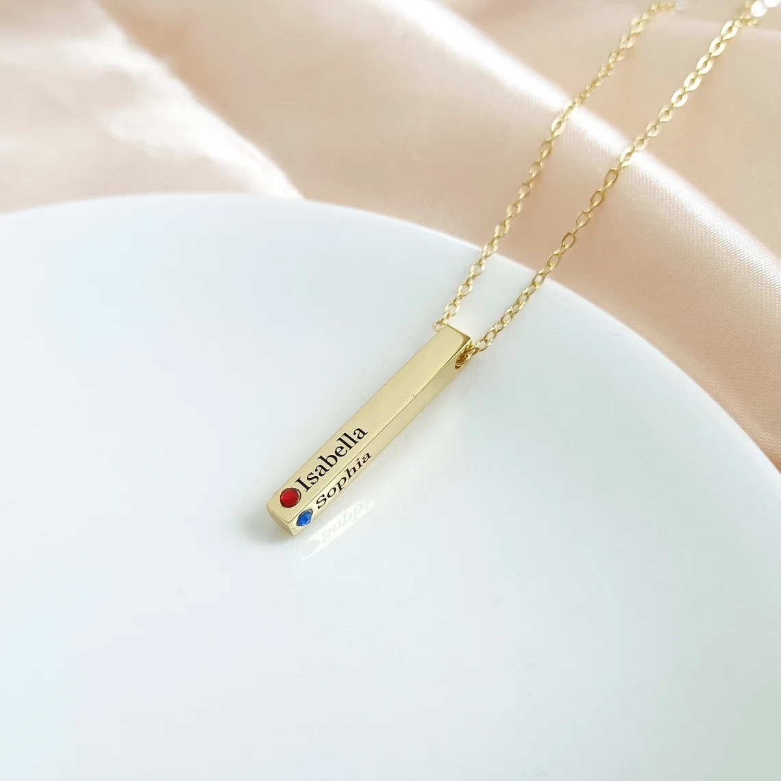 Sterling Silver With Gold Plated Bar Personalized Birthstone Name Pendant Necklace For Women-5