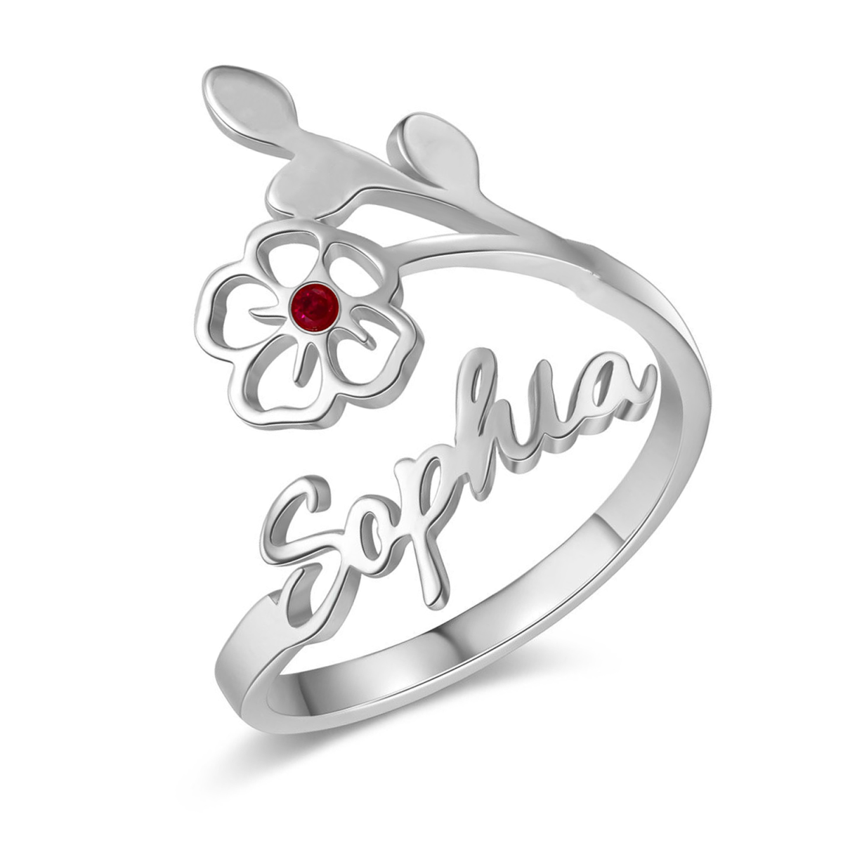 Sterling Silver Cubic Zirconia & Personalized Birthstone & Personalized Classic Name Birth Flower Open Ring-1