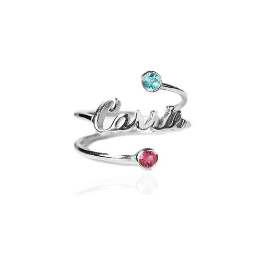 Pietra portafortuna personalizzata in argento sterling con zirconi cubici con anello aperto da donna con nome classico personalizzato