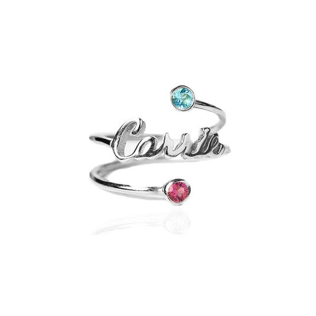 Anello aperto con nome classico personalizzato con pietra portafortuna in argento sterling con zirconi cubici-2