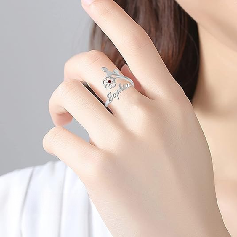 Sterling Silver Cubic Zirconia Personalized Birthstone Classic Name Open Ring For Women-2