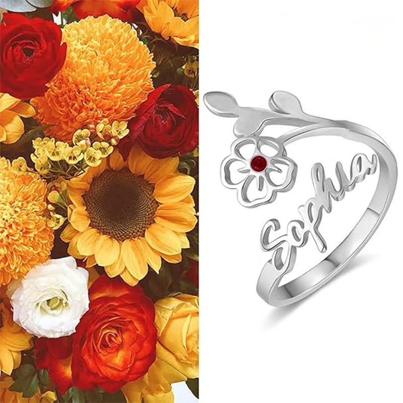 Sterling Silver Cubic Zirconia Personalized Birthstone Classic Name Open Ring For Women-3