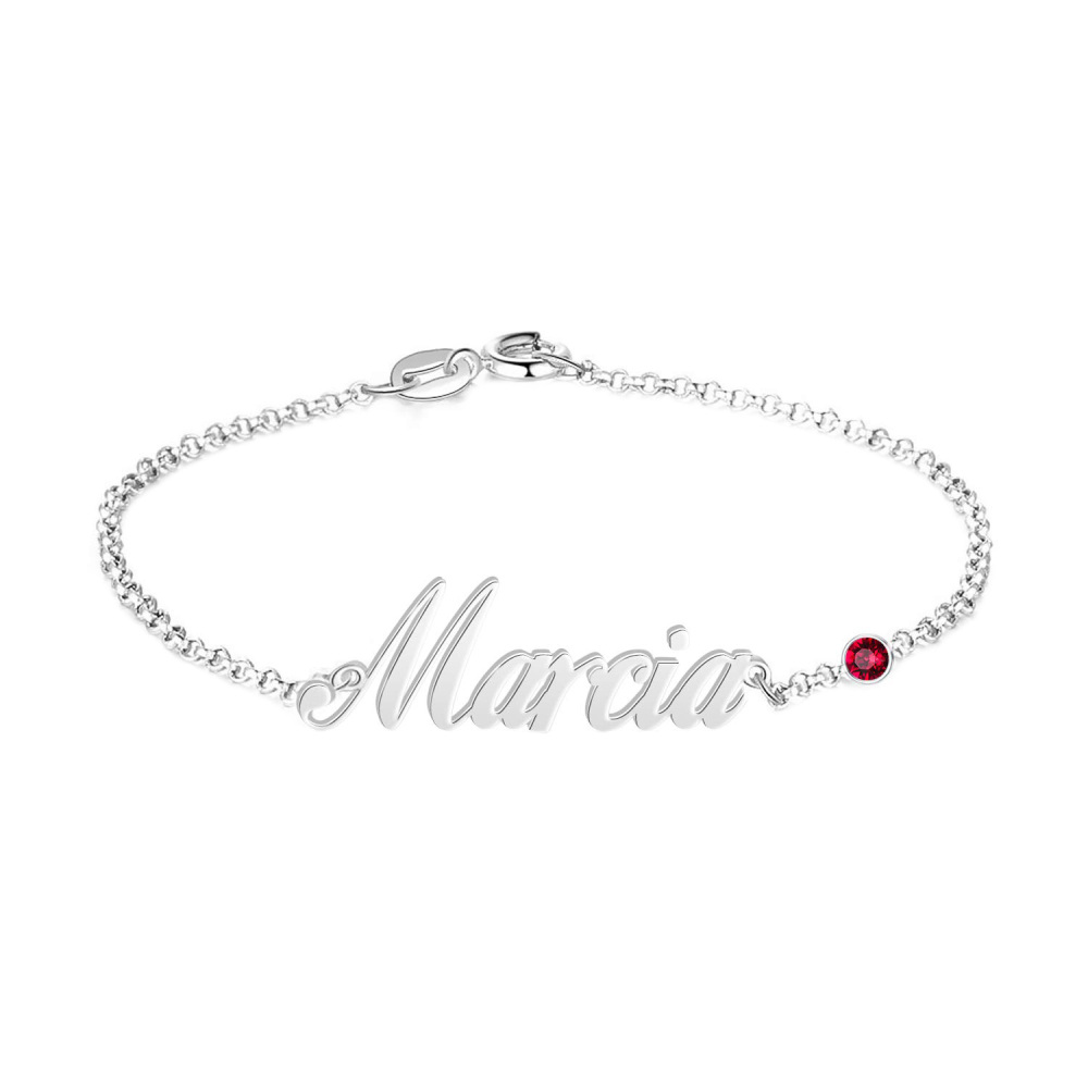 Sterling Silver Personalized Birthstone With Personalized Classic Name Charm Bracelet-1