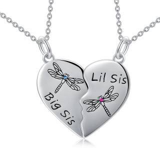 Sterling Silver Personalized Birthstone Dragonfly & Heart Sisters Pendant Necklace-3