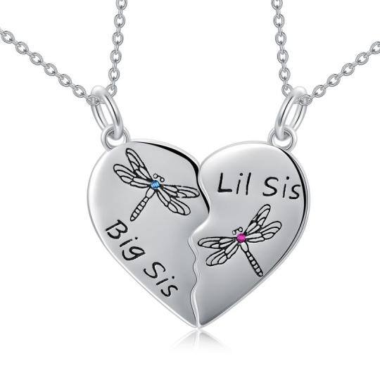 Sterling Silver Personalized Birthstone Dragonfly & Heart Sisters Pendant Necklace