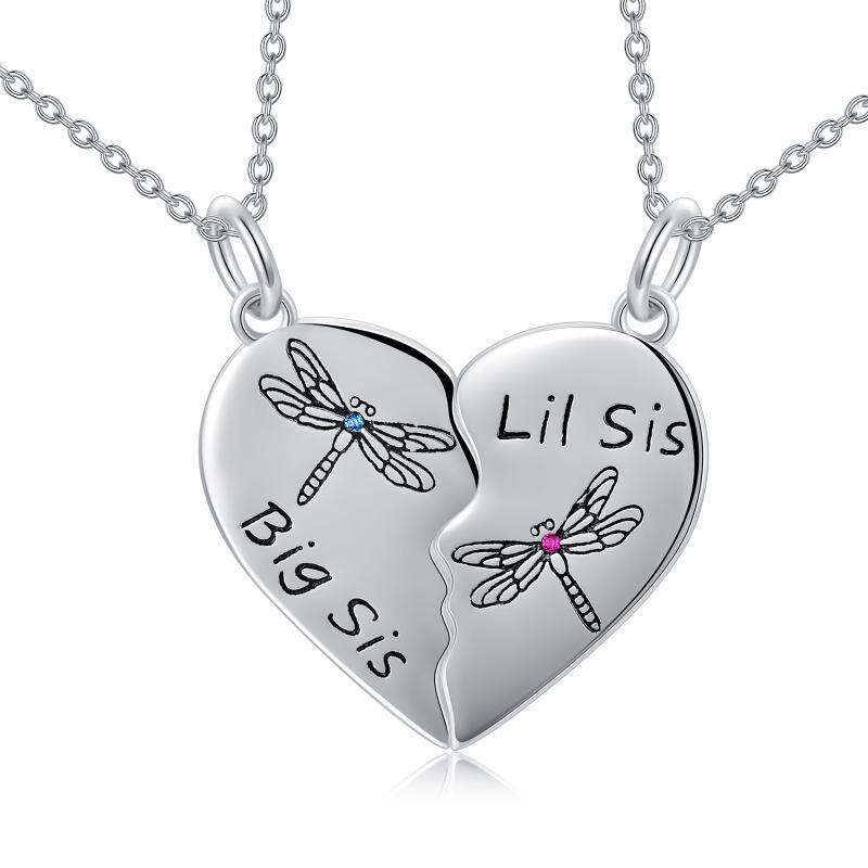 Sterling Silver Personalized Birthstone Dragonfly & Heart Sisters Pendant Necklace-19