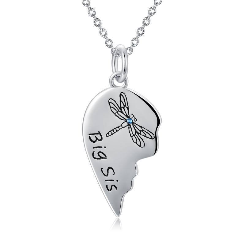 Sterling Silver Personalized Birthstone Dragonfly & Heart Sisters Pendant Necklace-4