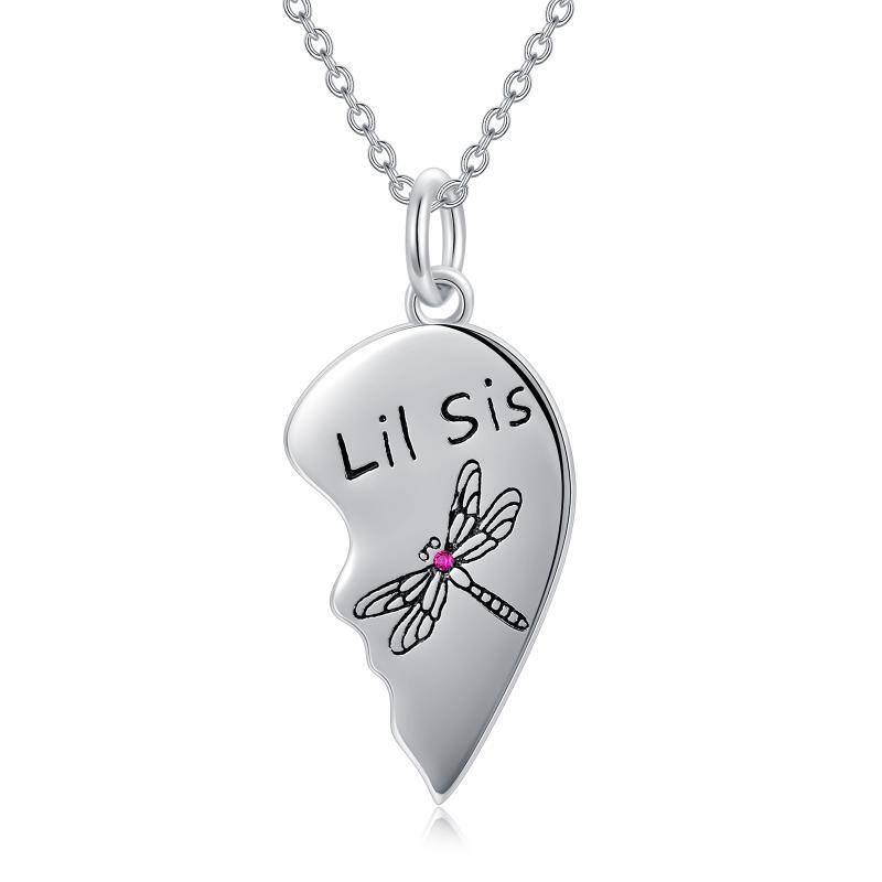 Sterling Silver Personalized Birthstone Dragonfly & Heart Sisters Pendant Necklace-5