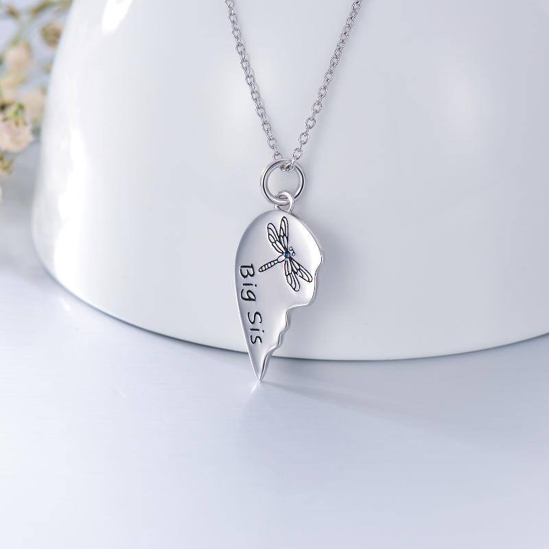 Sterling Silver Personalized Birthstone Dragonfly & Heart Sisters Pendant Necklace-6