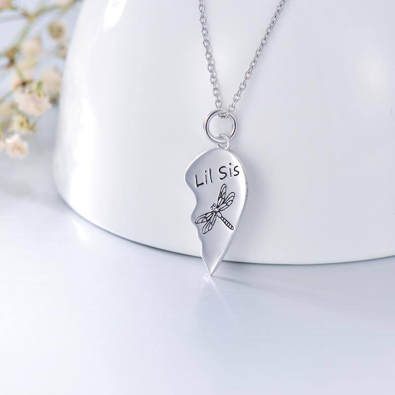 Sterling Silver Personalized Birthstone Dragonfly & Heart Sisters Pendant Necklace-7