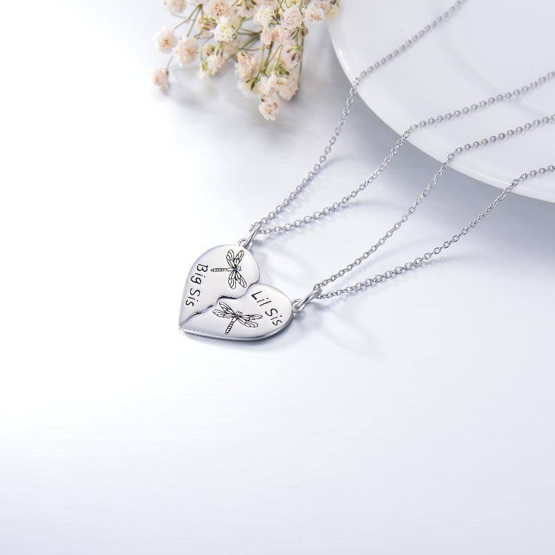 Sterling Silver Personalized Birthstone Dragonfly & Heart Sisters Pendant Necklace-8