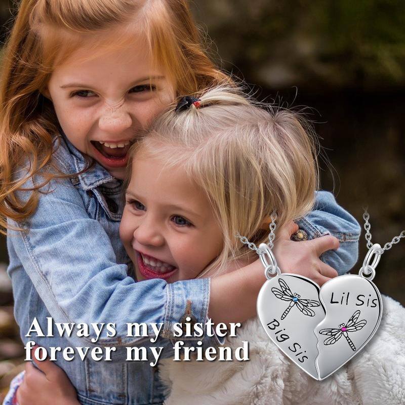 Sterling Silver Personalized Birthstone Dragonfly & Heart Sisters Pendant Necklace-9