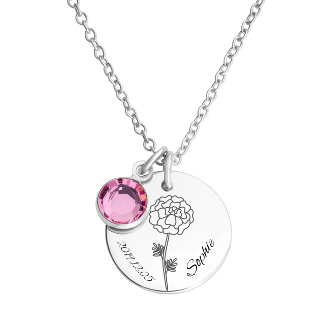 Sterling Silver Cubic Zirconia & Personalized Birthstone & Personalized Engraving Birth Flower Pendant Necklace-1