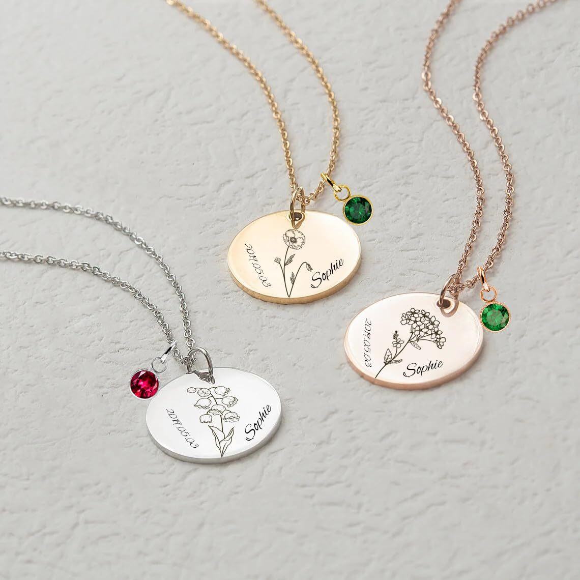 Sterling Silver Cubic Zirconia & Personalized Birthstone & Personalized Engraving Birth Flower Pendant Necklace-3