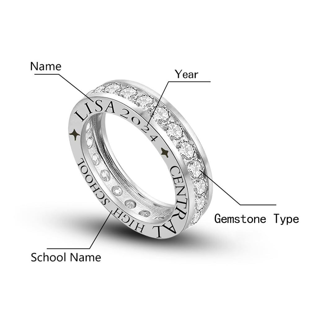 Sterling Silver Cubic Zirconia Personalized Birthstone Engraving Class Ring-3