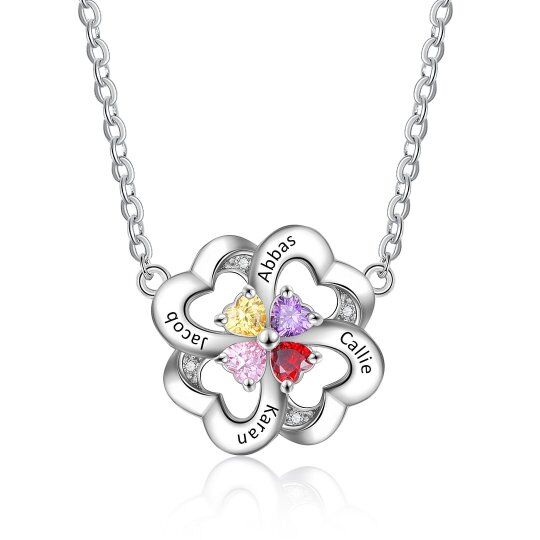 Sterling Silver Cubic Zirconia & Personalized Birthstone & Personalized Engraving Four Leaf Clover Pendant Necklace