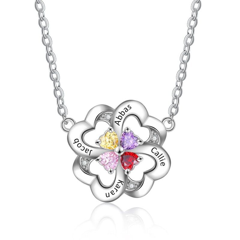 14K White Gold Cubic Zirconia Personalised Birthstone Engraving Four Leaf Clover Pendant Necklace For Women-1