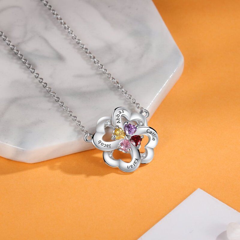 14K White Gold Cubic Zirconia Personalised Birthstone Engraving Four Leaf Clover Pendant Necklace For Women-2