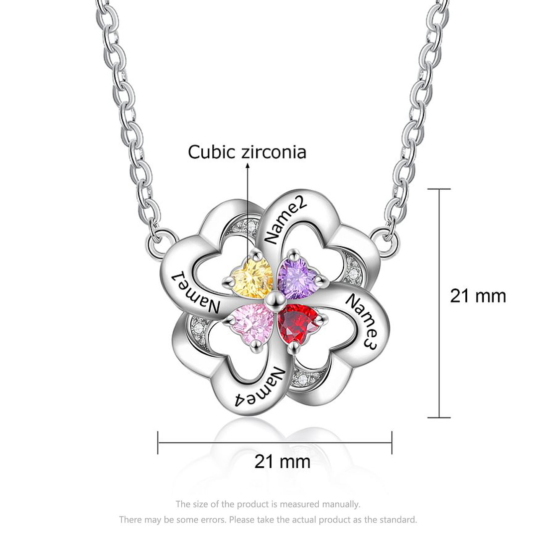 Sterling Silver Cubic Zirconia Personalised Birthstone Engraving Four Leaf Clover Pendant Necklace For Women-3