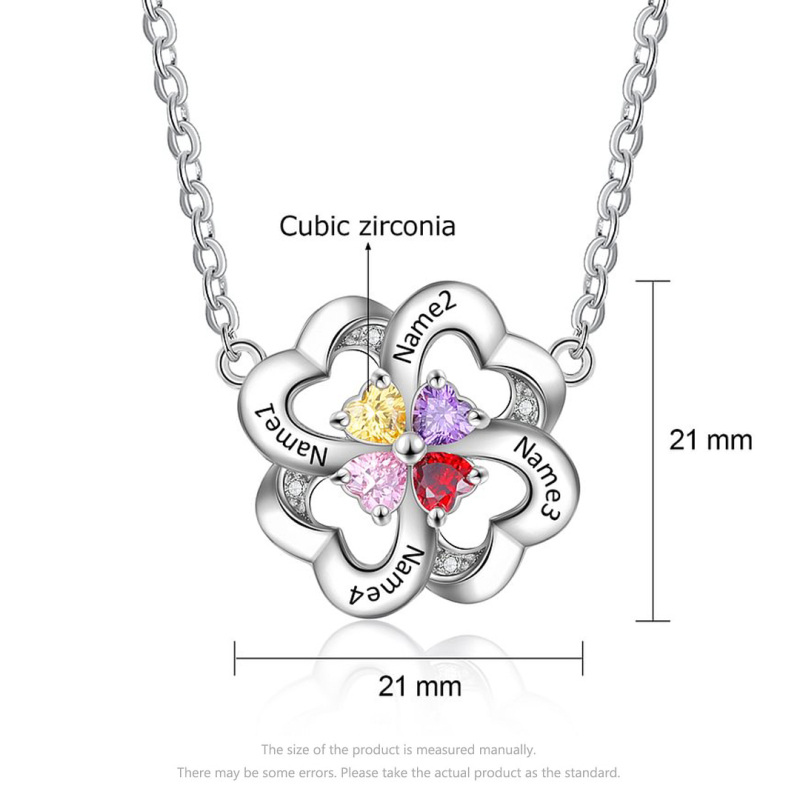 14K White Gold Cubic Zirconia Personalised Birthstone Engraving Four Leaf Clover Pendant Necklace For Women-3