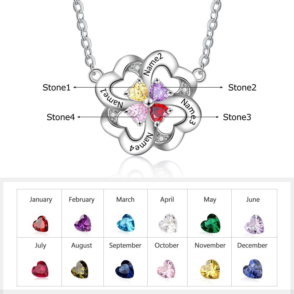 Sterling Silver Cubic Zirconia Personalised Birthstone Engraving Four Leaf Clover Pendant Necklace For Women-5